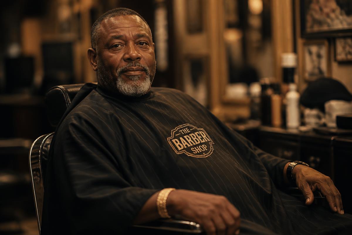 Black man in his 50s relaxing in a barbershop chair